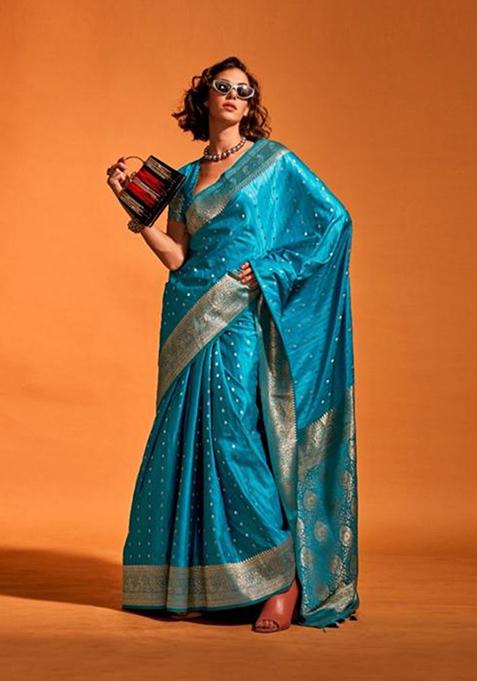 Teal Blue Zari Woven Banarasi Silk Blend Saree Set