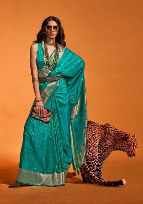 Rama Green Zari Woven Banarasi Silk Blend Saree Set