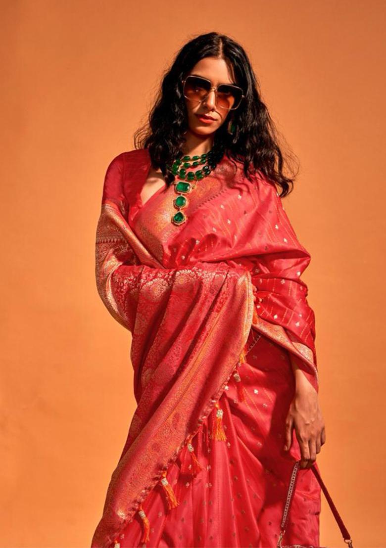 Red Zari Woven Banarasi Silk Blend Saree Set