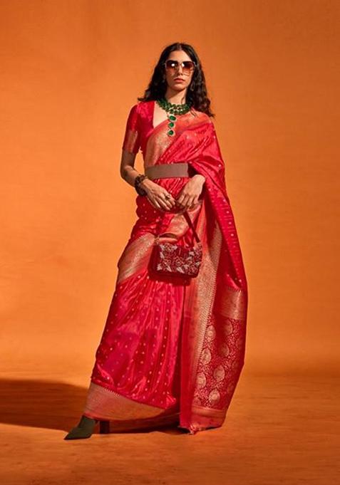 Red Zari Woven Banarasi Silk Blend Saree Set