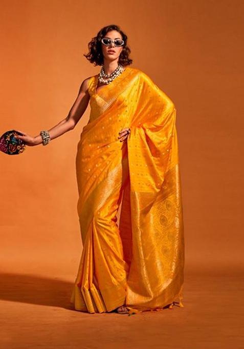 Yellow Zari Woven Banarasi Silk Blend Saree Set