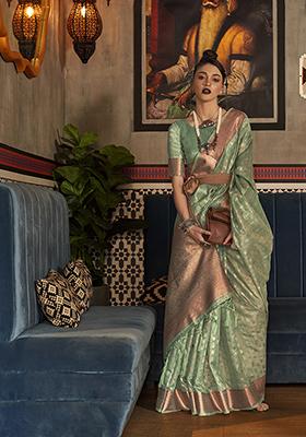 Pista Green Woven Banarasi Silk Blend Saree Set