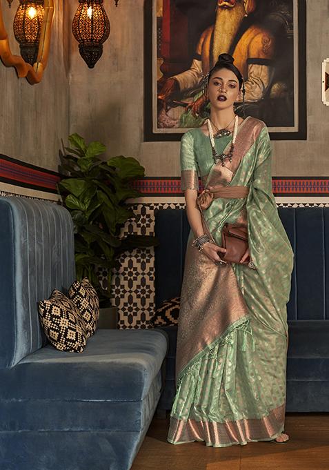 Pista Green Woven Banarasi Silk Blend Saree Set