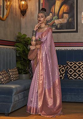 Purple Zari Woven Banarasi Silk Blend Saree Set