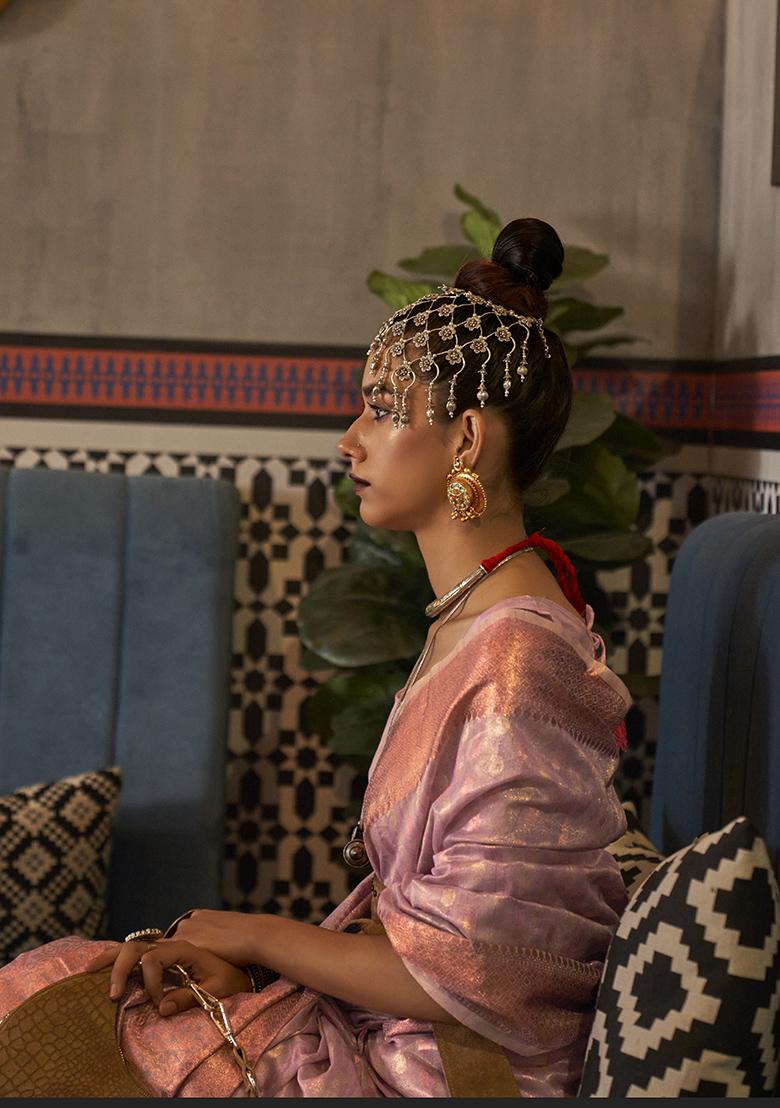 Purple Zari Woven Banarasi Silk Blend Saree Set