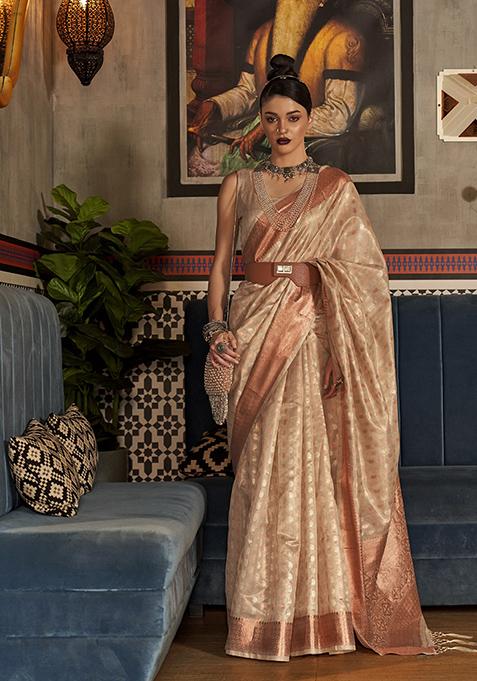 Cream Zari Woven Banarasi Silk Blend Saree Set