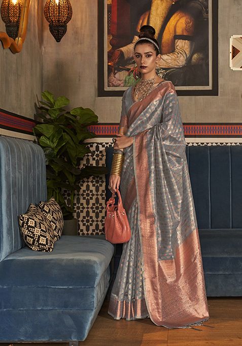 Grey Zari Woven Banarasi Silk Blend Saree Set