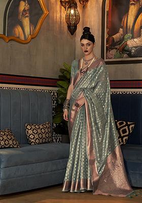 Green Zari Woven Banarasi Silk Blend Saree Set