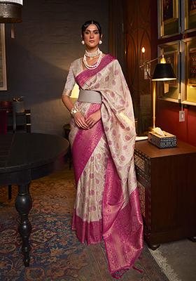 Off White Zari Woven Banarasi Silk Blend Saree Set