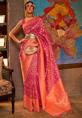Rani Pink Zari Woven Banarasi Silk Blend Saree Set