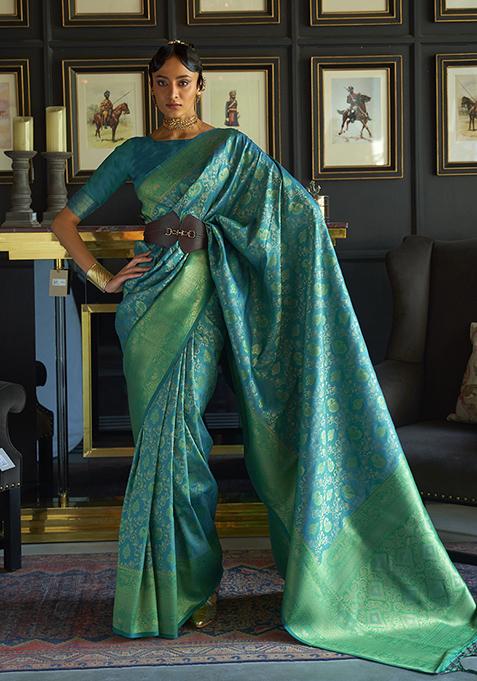 Rama Green Zari Woven Banarasi Silk Blend Saree Set