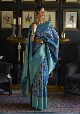 Navy Blue Zari Woven Banarasi Silk Blend Saree Set