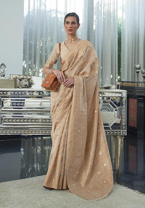 Cream Zari Woven Banarasi Silk Blend Saree Set