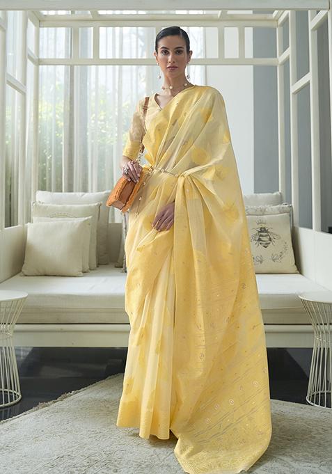 Yellow Zari Woven Banarasi Silk Blend Saree Set