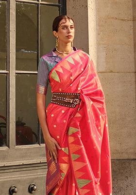 Red Zari Woven Banarasi Silk Blend Saree Set