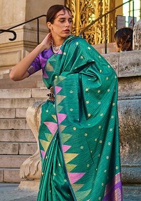 Green Zari Woven Banarasi Silk Blend Saree Set