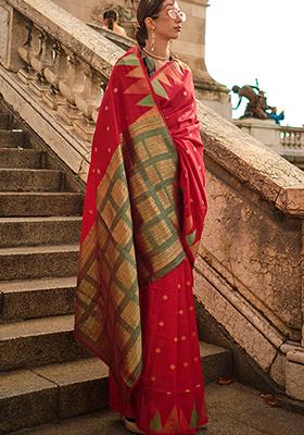 Maroon Zari Woven Banarasi Silk Blend Saree Set