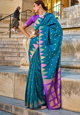 Blue Zari Woven Banarasi Silk Blend Saree Set