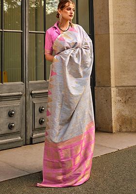 Grey Zari Woven Banarasi Silk Blend Saree Set