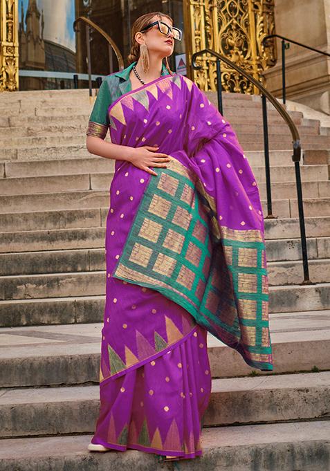 Purple Zari Woven Banarasi Silk Blend Saree Set