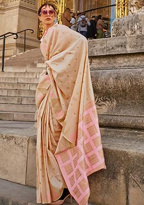 Cream Zari Woven Banarasi Silk Blend Saree Set