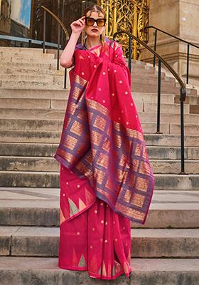 Pink Zari Woven Banarasi Silk Blend Saree Set