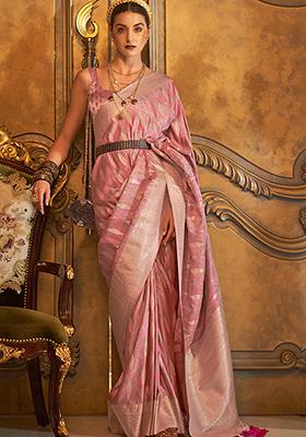 Baby Pink Zari Woven Banarasi Silk Blend Saree Set