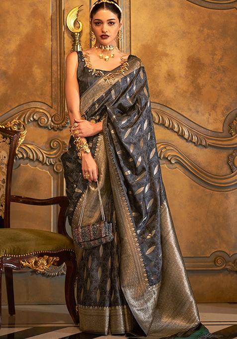 Black Zari Woven Banarasi Silk Blend Saree Set