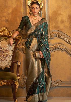 Green Zari Woven Banarasi Silk Blend Saree Set