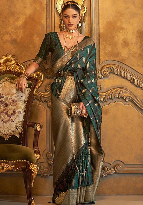 Green Zari Woven Banarasi Silk Blend Saree Set