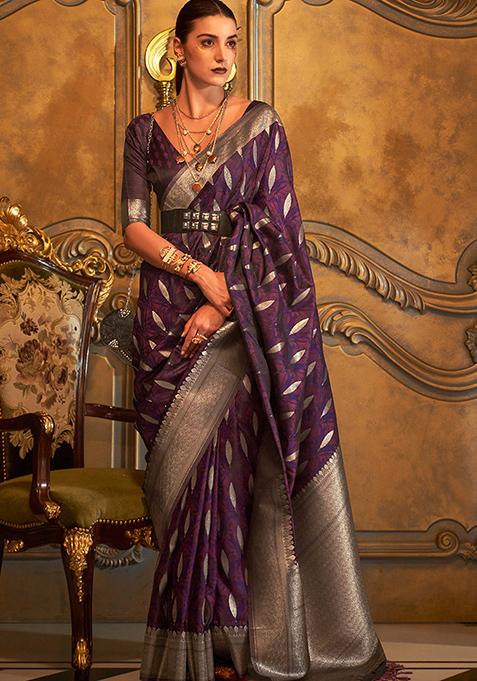 Dark Purple Zari Woven Banarasi Silk Blend Saree Set