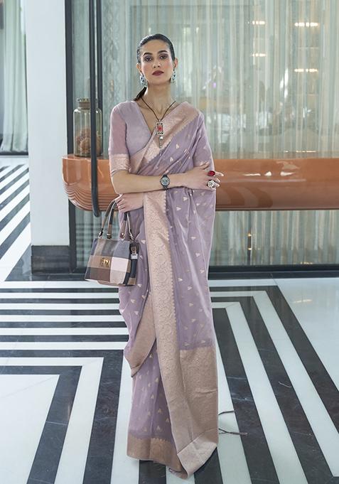 Purple Zari Woven Banarasi Silk Blend Saree Set