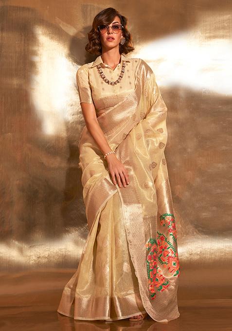 Cream Zari Woven Banarasi Silk Blend Saree Set