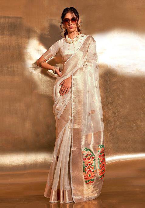 Off White Zari Woven Banarasi Silk Blend Saree Set