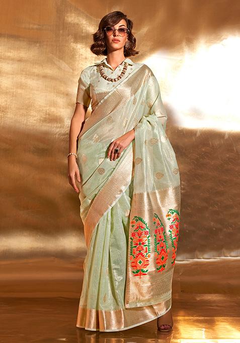 Pista Green Zari Woven Banarasi Silk Blend Saree Set