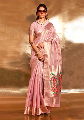 Pink Zari Woven Banarasi Silk Blend Saree Set