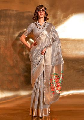 Grey Zari Woven Banarasi Silk Blend Saree Set