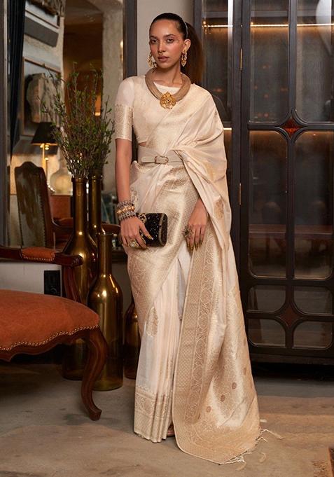 Off White Zari Woven Banarasi Silk Blend Saree Set