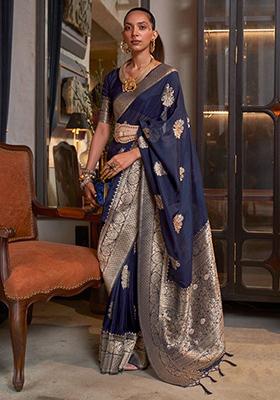 Navy Blue Zari Woven Banarasi Silk Blend Saree Set