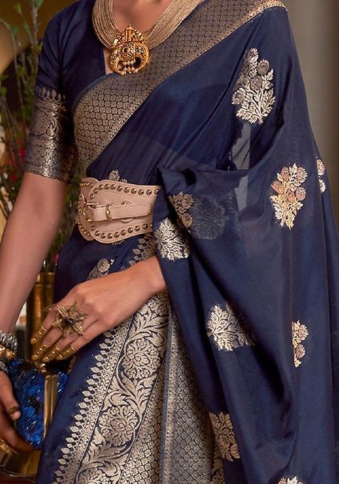 Navy Blue Zari Woven Banarasi Silk Blend Saree Set