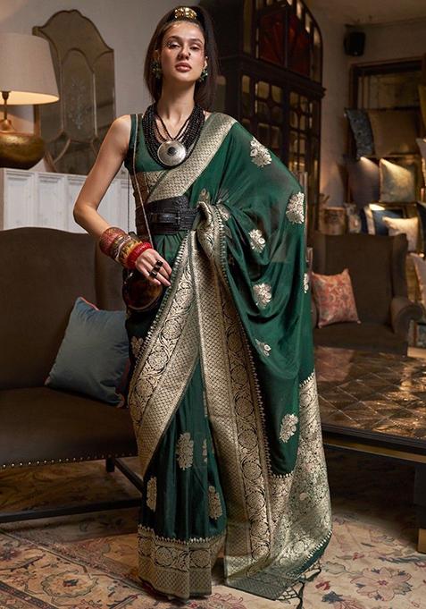 Green Zari Woven Banarasi Silk Blend Saree Set