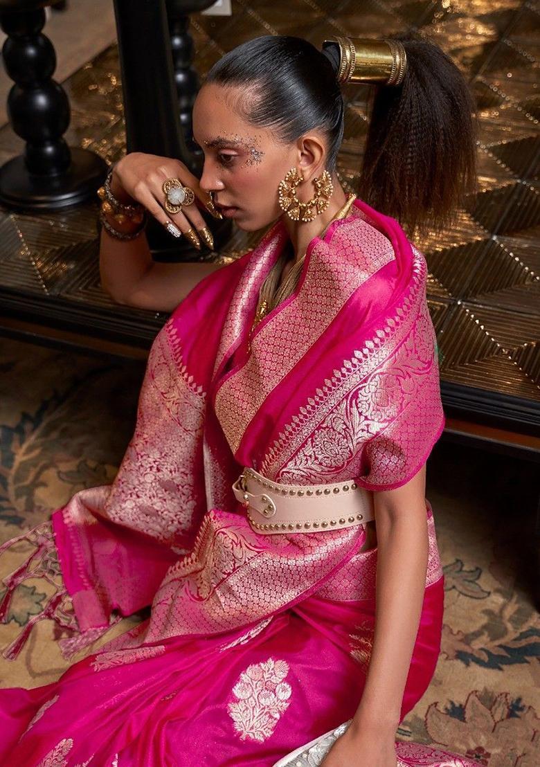 Rani Pink Zari Woven Banarasi Silk Blend Saree Set