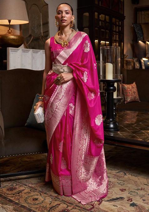 Rani Pink Zari Woven Banarasi Silk Blend Saree Set