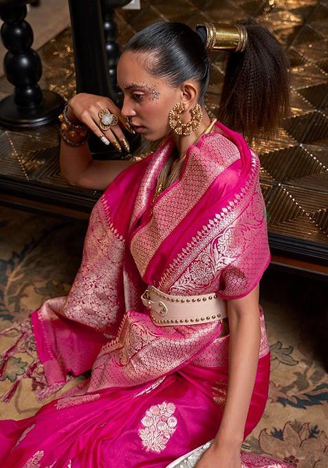 Rani Pink Zari Woven Banarasi Silk Blend Saree Set