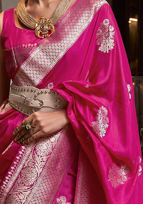 Rani Pink Zari Woven Banarasi Silk Blend Saree Set