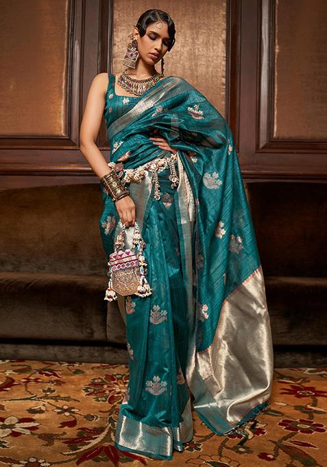 Teal Zari Woven Banarasi Silk Blend Saree Set