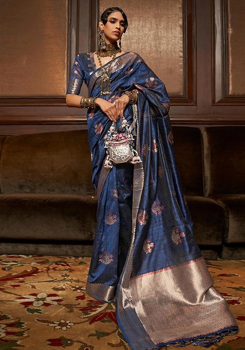 Navy Blue Zari Woven Banarasi Silk Blend Saree Set