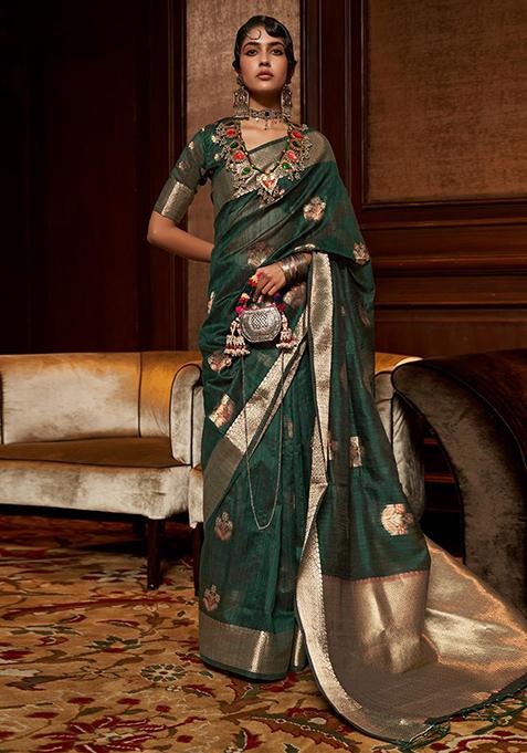 Green Zari Woven Banarasi Silk Blend Saree Set