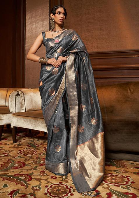 Grey Zari Woven Banarasi Silk Blend Saree Set