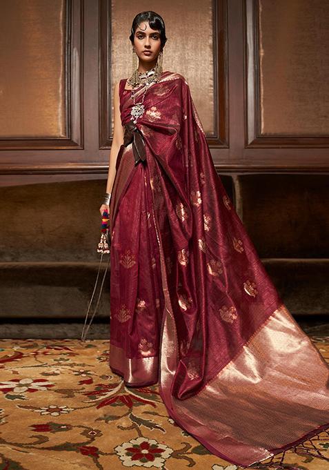 Red Zari Woven Banarasi Silk Blend Saree Set